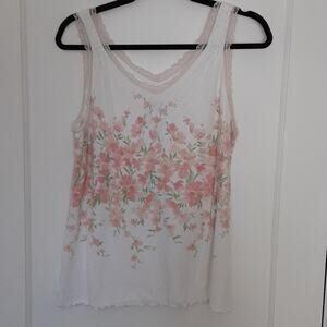 Vintage Aria white and pink floral tank with a lettuce hem & lace M